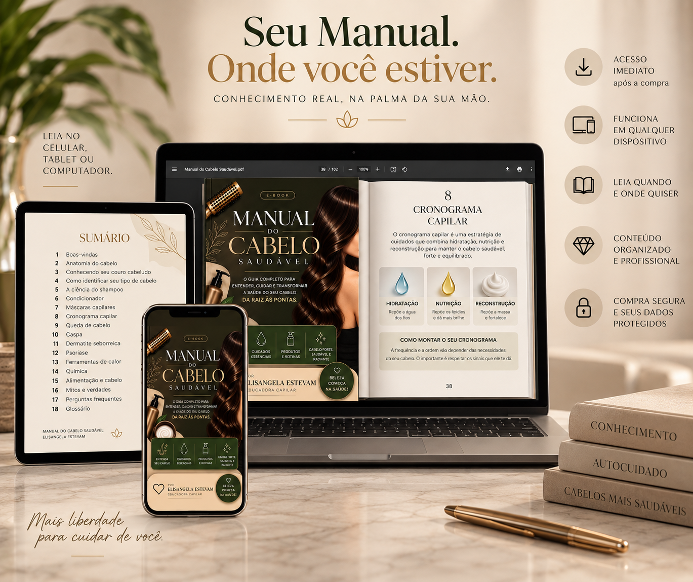 Manual do Cabelo Saudável disponível em computador, tablet e celular