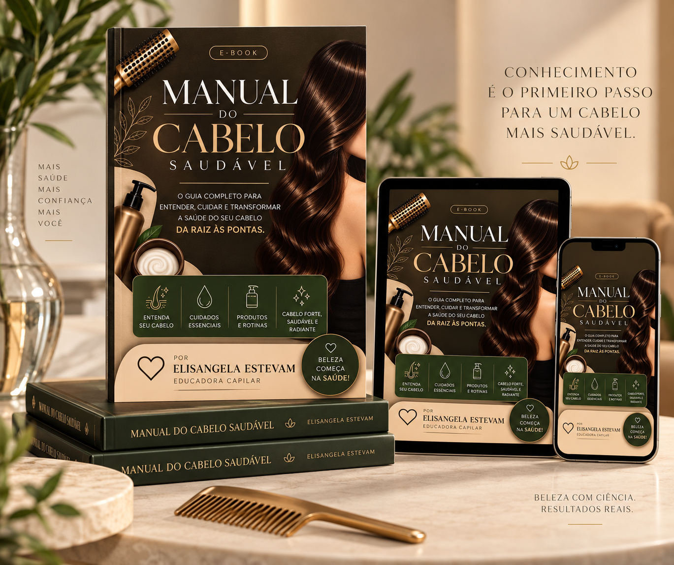 Manual do Cabelo Saudável em formato físico, tablet e celular